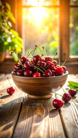 Warm bowl of fresh red ripe cherry fruit on wood table. food sits in bright sunlight from window, creating an inviting sceneの素材
