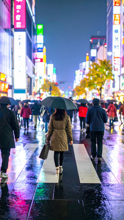 Solitary woman with an umbrella walking on wet crosswalk at night in busy Tokyo city street, surrounded by vibrant neon light and rainの素材