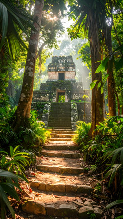 Serene ancient temple ruin hidden in lush jungle with morning sunlight. stone path leads through mysterious forest to pyramidの素材