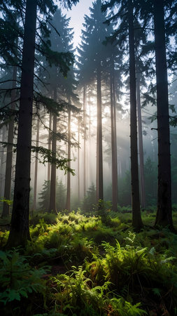 Tranquil forest scene with morning sunbeam light filtering through atmospheric mist and tall green tree silhouettes creating peaceful nature viewの素材