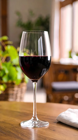 Relaxing glass of red wine on wooden table in an elegant restaurant. classic drink for fine dining, tasting or cozy celebrationの素材