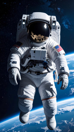 Adventurous astronaut in white suit floating on spacewalk during space exploration. Calm view of earth from orbit with helmet reflecting cosmosの素材