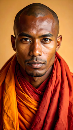 Portrait of serene Buddhist monk in an orange robe. calm South Asian man with shaved head looking at camera with spiritual gazeの素材