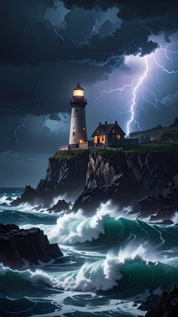 Dramatic lighthouse on rocky cliff during powerful ocean storm at night with turbulent waves and bright lightning strike in skyの素材