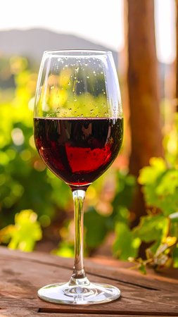 Relaxing glass of red wine beverage on wood table outdoor in vineyard. Warm sunlight glowing on tranquil background with green leafの素材