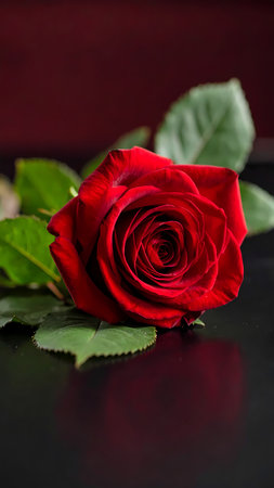 Single red rose flower symbolizing passionate love and romance. beautiful gift for romantic valentine anniversary on dark backgroundの素材