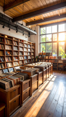 Peaceful bookstore interior with wooden bookshelf and floor. Warm sunlight from large window creates cozy and nostalgic atmosphereの素材
