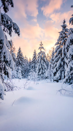 Serene winter landscape of snowy forest with pine tree under colorful sunset sky. beautiful and peaceful nature sceneの素材