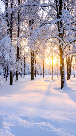 Serene winter forest landscape with snow covered tree during cold sunset. Golden sunlight and shadow create peaceful, beautiful sceneの素材