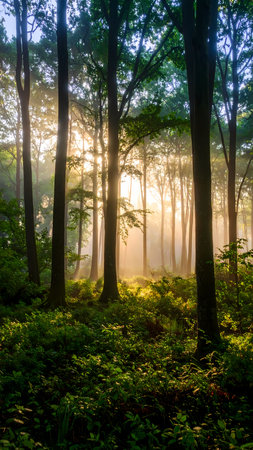 Peaceful morning light with sunbeam shining through green forest. tranquil nature background scene with beautiful wood and lush foliageの素材