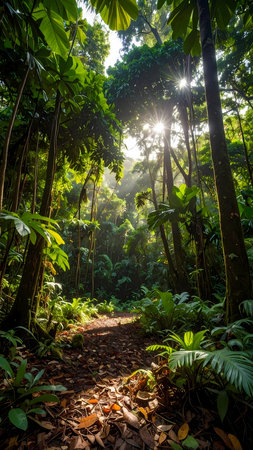 Tranquil path through green forest with sunbeam light shining on trail. Beautiful nature background of peaceful journey in wildernessの素材