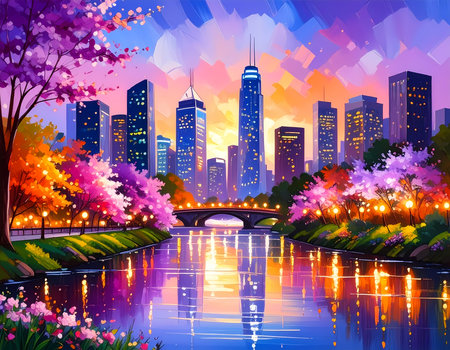 Tranquil painting of city skyline at sunset viewed from park. river reflects colorful blossom tree and illuminated buildingの素材