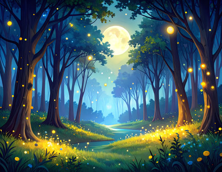 Magical enchanting forest at night with full moon, glowing light from firefly and stream. serene fantasy landscape for backgroundの素材
