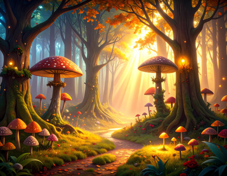 Enchanting magical forest path with giant mushroom and sunlight. whimsical fantasy landscape illustration with glowing light for backgroundの素材