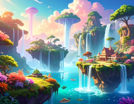 Serene fantasy landscape with floating island, waterfall, and house. colorful sky, lush nature, and tranquil water create magical sceneの素材