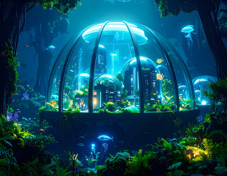 Serene futuristic underwater city glowing inside glass dome. science fiction concept with advanced building and technology in deep oceanの素材