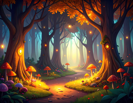 Magical enchanted forest path with glowing mushroom and soft light. beautiful fantasy landscape for fairytale backgroundの素材