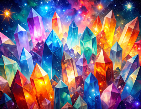 Magical, colorful, glowing cluster of crystal gem space. An abstract fantasy background with vibrant nebula and star creates wondrous feelingの素材