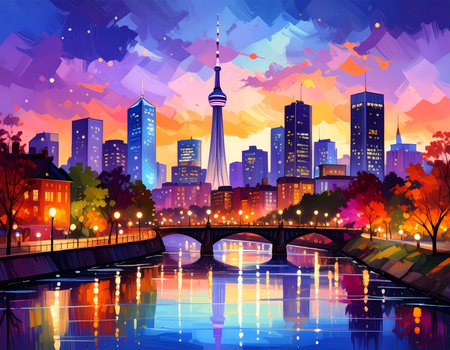 Vibrant cityscape illustration of skyline with tower at sunset. beautiful city and river create colorful reflection in waterの素材