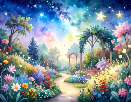 Enchanting magical garden with colorful flower and path at night. Dreamy fantasy landscape illustration under starry sky with glowing nebulaの素材