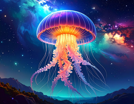 Magical glowing colorful jellyfish floats in surreal cosmic fantasy space, creating an awe inspiring and serene landscape with nebulaの素材