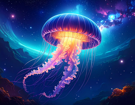 Glowing, luminous jellyfish floats in surreal cosmic space. magical, ethereal fantasy nebula background with wondrous beauty and lightの素材