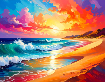 Serene colorful beach sunset with vibrant ocean wave washing over sand. beautiful painting landscape of sea, sky, and sunの素材