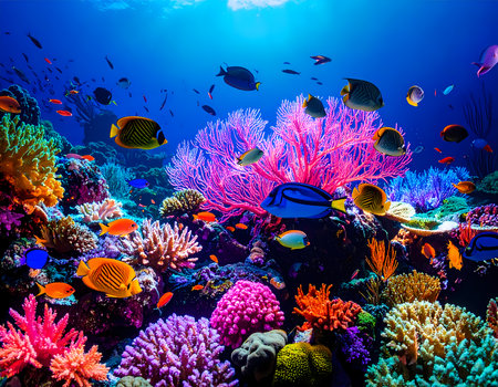 Beautiful, vibrant, colorful coral reef with tropical fish swimming in deep blue ocean. serene underwater sea life sceneの素材
