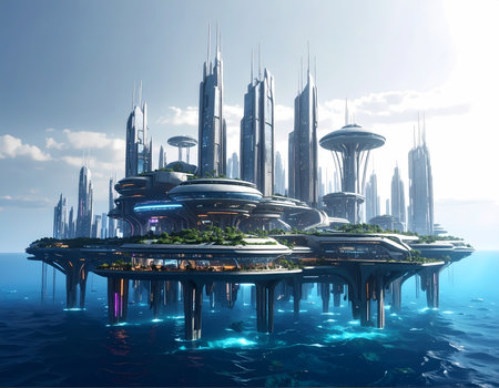 Majestic futuristic city with advanced architecture and skyscrapers floating on serene blue ocean, hopeful vision of utopian futureの素材