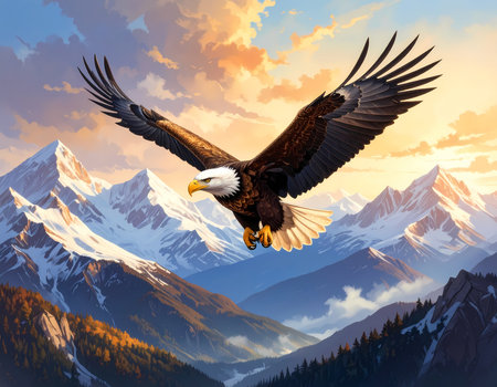 Majestic bald eagle flying over mountain landscape at sunset. Powerful wildlife scenery full of freedom and natural beauty in paintingの素材