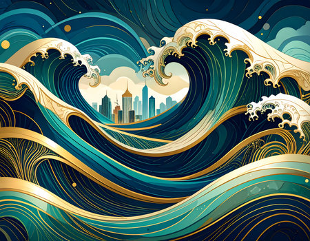 Stylized Japanese art illustration of powerful ocean wave. dramatic wave looms over modern city skyline in surreal ukiyo e styleの素材