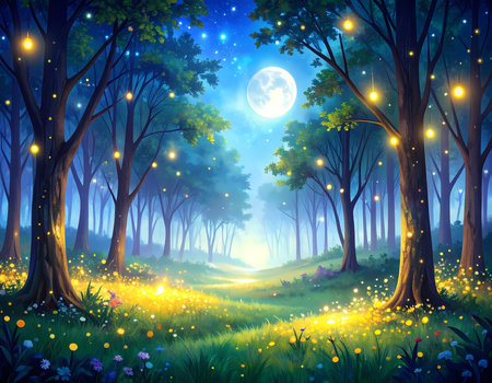 Wondrous magical forest at night with glowing light and serene full moon. fantasy path leads through trees under starry skyの素材