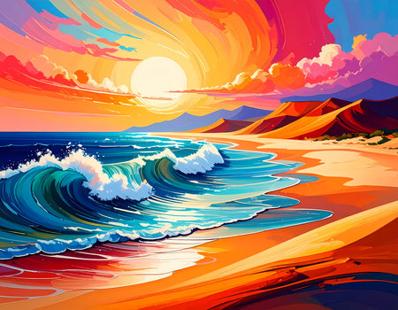Beautiful vibrant illustration of beach sunset. colorful sky and sun reflect on ocean wave and sand along coast landscapeの素材
