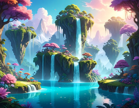 Serene fantasy landscape with magical floating island and vibrant waterfall. beautiful, peaceful scene of paradise with colorful tree and lakeの素材
