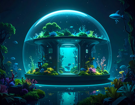 Awe inspiring futuristic underwater building, glass dome habitat concept surrounded by vibrant coral reef, glowing with beautiful blue lightの素材
