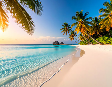 Serene tropical paradise beach with palm tree at sunset. calm ocean water washes over white sand on tranquil holiday island getawayの素材