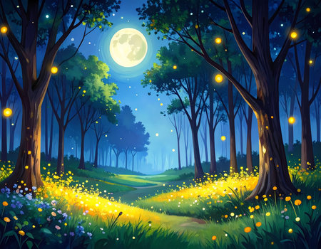 Serene, enchanting forest at night with glowing full moon. magical path winds through woodland filled with flower and bright fireflyの素材