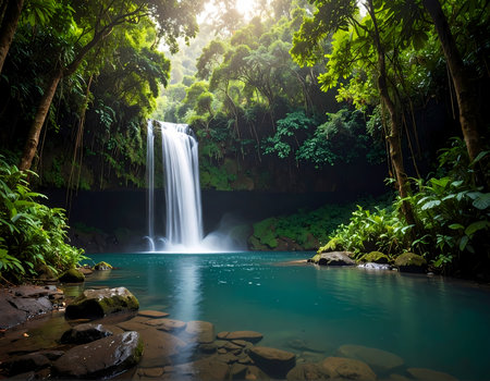 Serene, tranquil waterfall in green jungle forest. Peaceful nature landscape shows beautiful water pool surrounded by lush green sceneryの素材