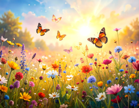 Peaceful spring meadow with colorful flower and butterfly flying in warm sunlight. Beautiful nature landscape scene for serene backgroundの素材