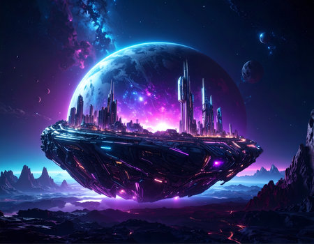 Majestic futuristic city on floating island in space. Science fiction world with neon galaxy and planet background evoking wonder and aweの素材