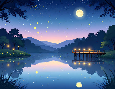 Calm night landscape of lake with pier under full moon and star. serene water has beautiful reflection of magical skyの素材