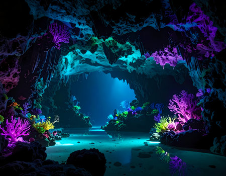 Magical underwater cave with vibrant coral reef. serene deep blue ocean has beautiful ray of light shining on fantasy sea lifeの素材