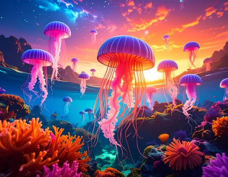 Surreal magical glowing jellyfish float in vibrant colorful sky at sunset over fantasy ocean reef. serene and dreamlike concept sceneの素材