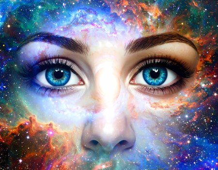 Woman face with serene blue eye in colorful cosmos. Universe, galaxy, nebula and star represent spiritual, divine consciousness conceptの素材