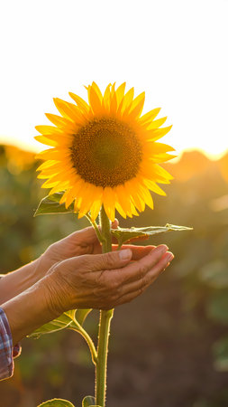 Person hand holding single sunflower with gentle care in farm field at sunset. hopeful moment in nature with beautiful warm lightの素材