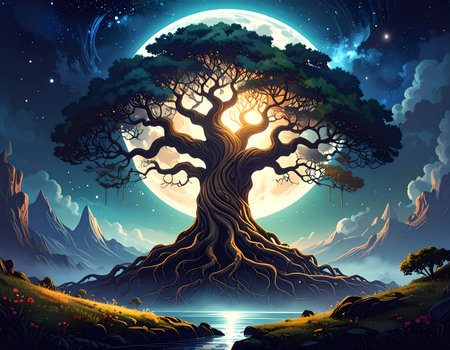 Majestic, magical tree of life under full moon in fantasy landscape. serene night sky glows with cosmic light and reflects on waterの素材