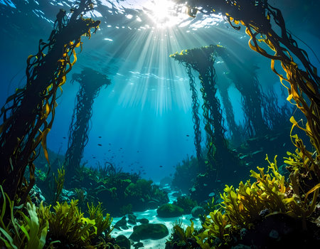 Tranquil underwater kelp forest with sunbeam light shining through blue ocean water. peaceful and serene marine nature backgroundの素材
