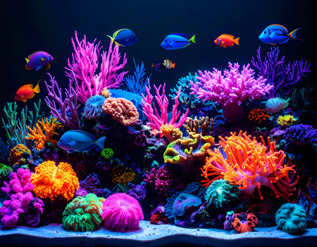 Vibrant colorful coral reef inside an underwater aquarium, lively fish swimming. Beautiful serene scene showing exotic aquatic sea lifeの素材