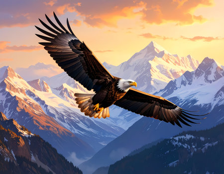 Majestic bald eagle flying high over mountain range at sunset. powerful symbol of wild nature, soaring with freedom in golden lightの素材