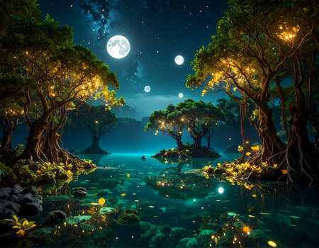Serene magical forest at night with glowing moon over lake. An enchanting fantasy landscape creating mysterious and tranquil sceneの素材
